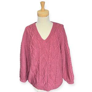 Oversized Cable Knit Pink Women's Chunky V Neck Sweater. Size X-Large